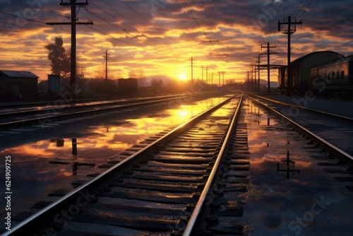 dawn light reflecting on train tracks, created with generative ai