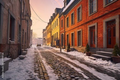 snow-covered cobblestone street in a quaint town, created with generative ai