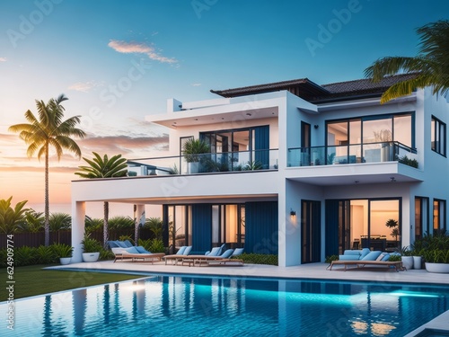 Modern cozy house with pool and parking for sale or rent in luxurious style by the sea or ocean. Sunset evening by the azure coast with palm trees. Generative AI © Diatomic