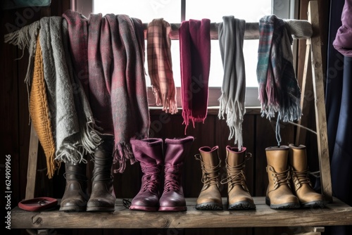 close-up of winter boots and scarves hanging on a rack, created with generative ai