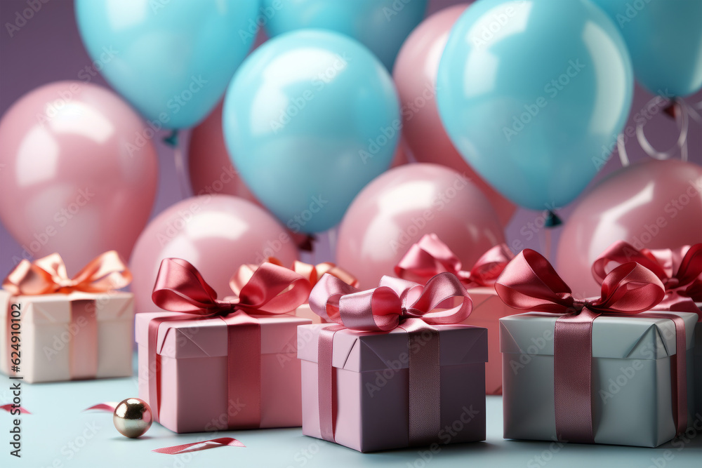 Gender reveal - a colorful gift box display with a backdrop of festive balloons