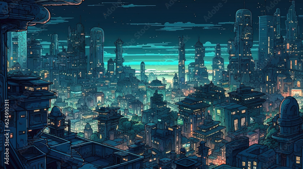 Fantastic future cityscape with moonlight and skies created with Generative AI technology.