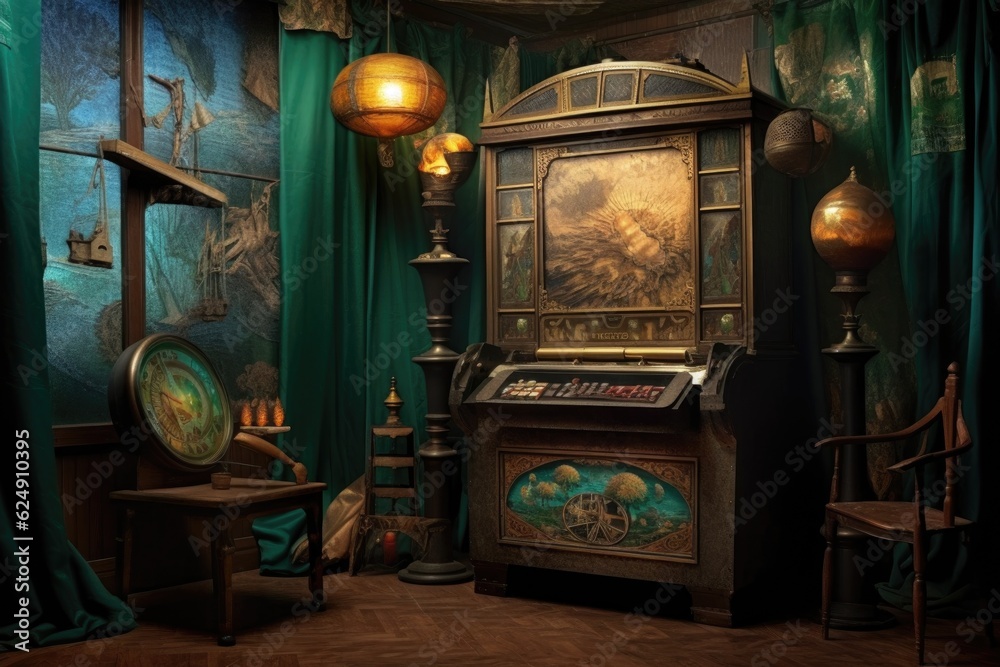 classic mechanical fortune teller machine with mystical backdrop, created with generative ai