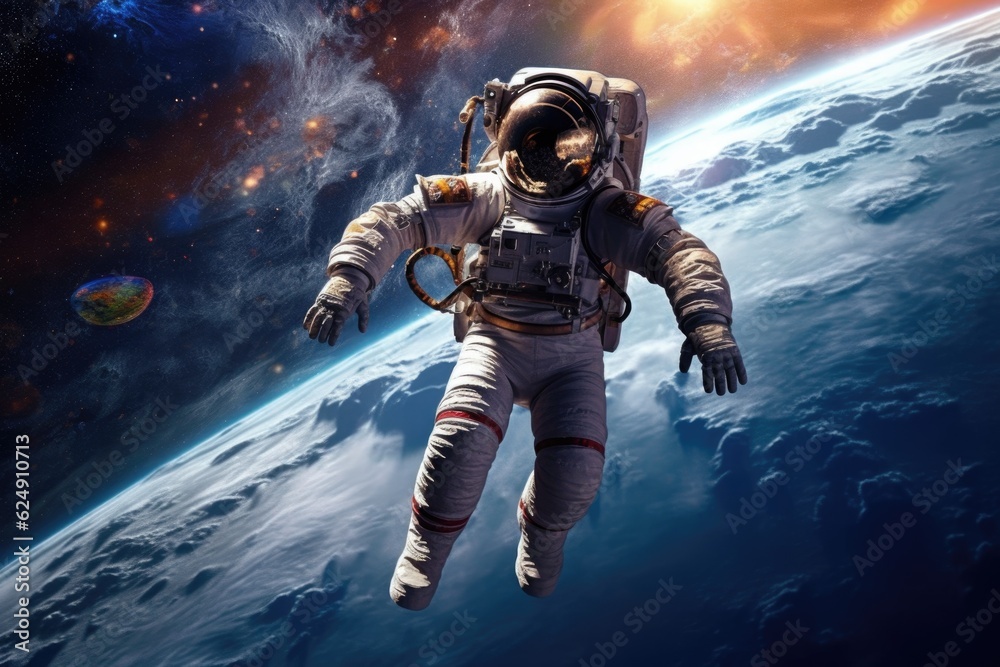 astronaut floating in space with earth in the background, created with generative ai