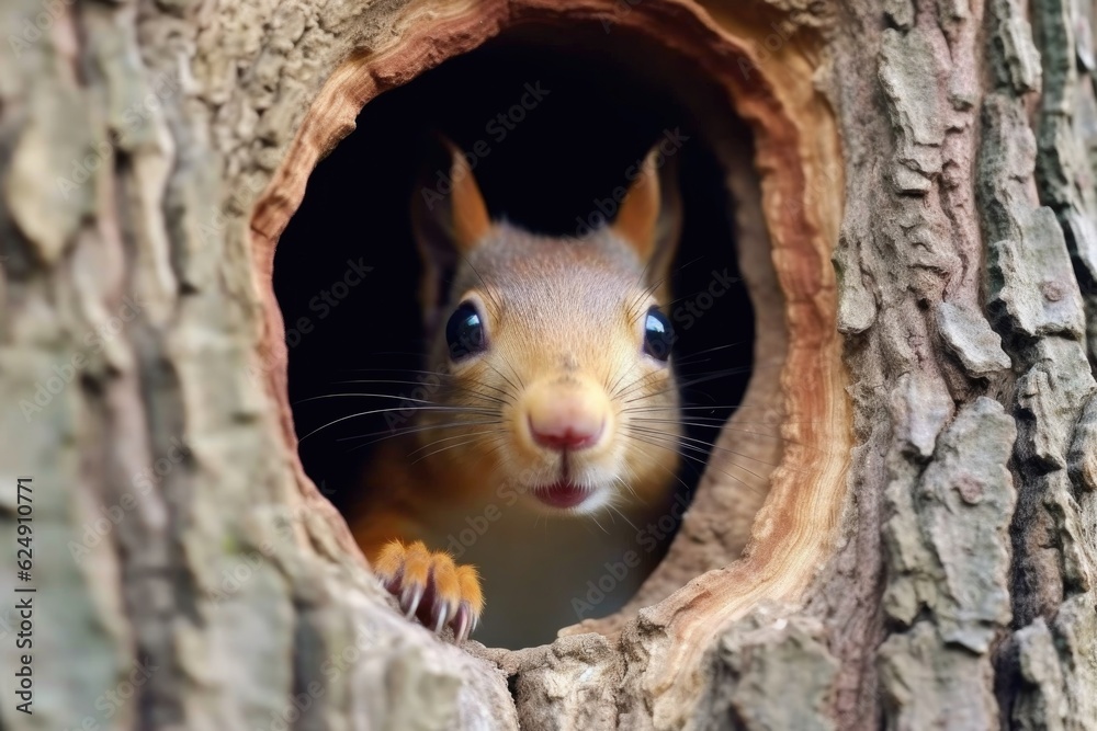 squirrel peeking out of a tree hole with a nut in its mouth, created with generative ai squirrel peeking out of a tree hole with a nut in its mouth, created with generative ai