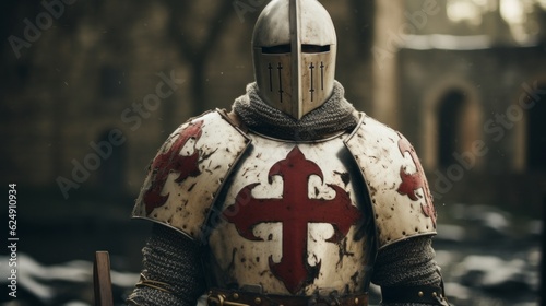 Photo of a templar knight wearing a suit of armor up close .generative ai photo