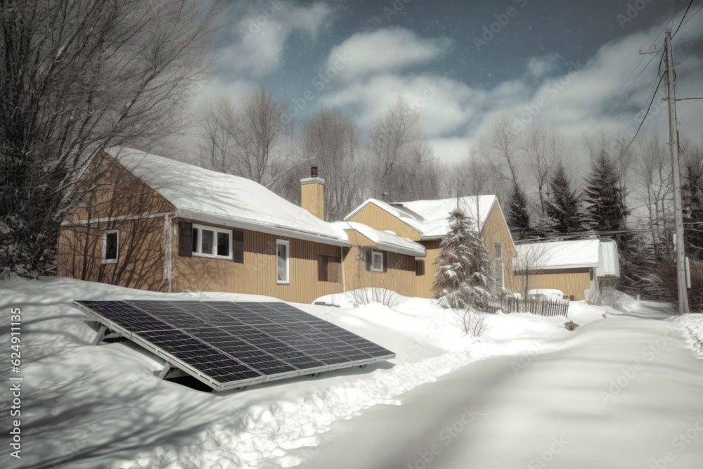 solar panels with half snow removed, showing contrast, created with generative ai solar panels with half snow removed, showing contrast, created with generative ai