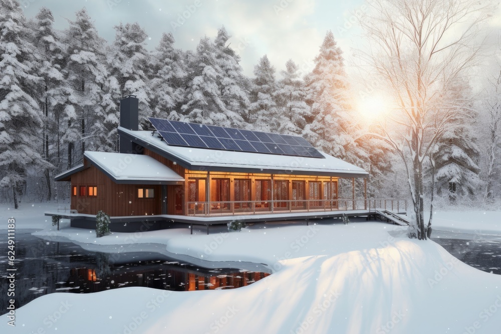 solar panels on snow-covered lake house or cabin, created with generative ai