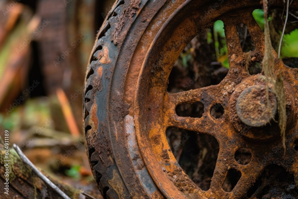 close-up of rusty tractor wheel and tire, created with generative ai