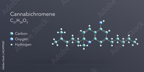 cannabichromene molecule 3d rendering, flat molecular structure with chemical formula and atoms color coding photo