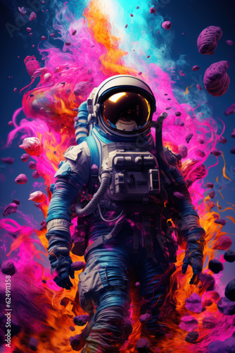 Astronaut with a pink, silky haze in the background