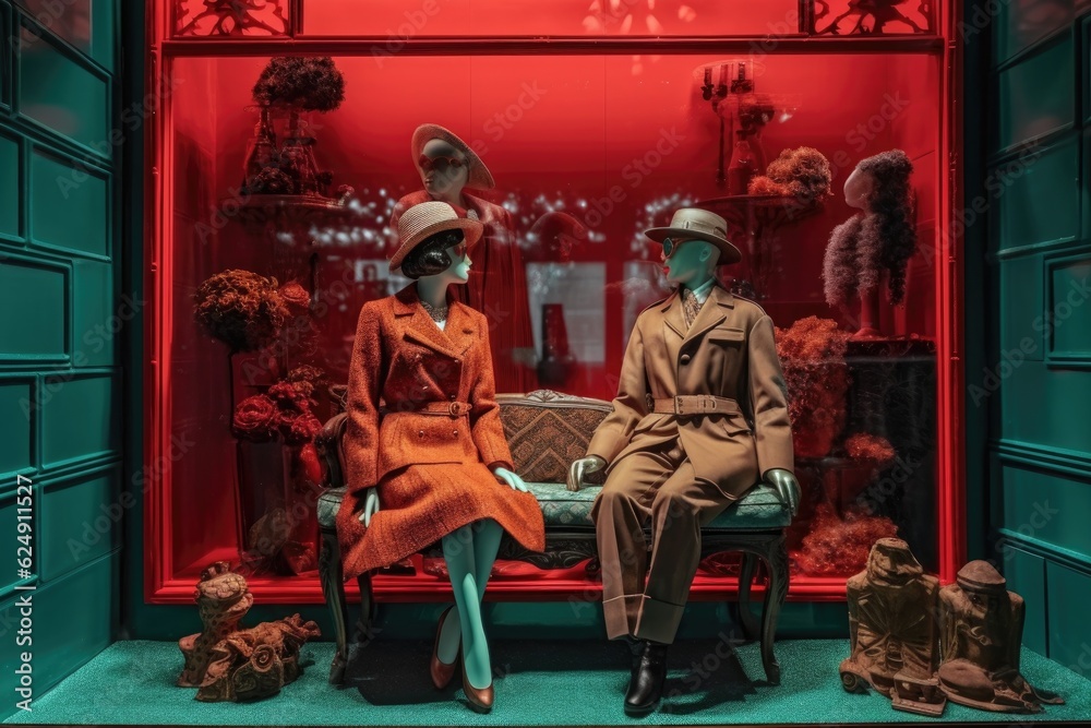 eye-catching store window with mannequins in unique, avant-garde outfits, created with generative ai