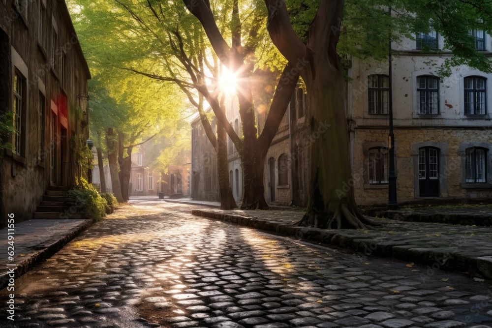 sun rays breaking through trees onto cobblestones, created with generative ai