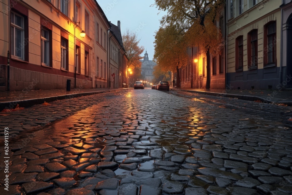 puddles on cobblestones after a night rain at dawn, created with generative ai
