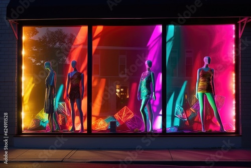 creative window display with mannequins and colorful lighting, created with generative ai