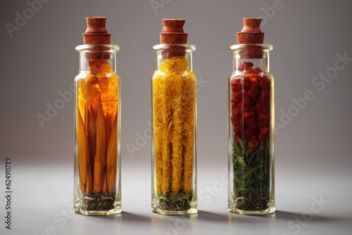 turmeric, paprika and saffron in glass vials, created with generative ai