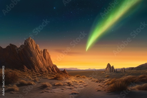 bright comet tail glowing over vast desert landscape, created with generative ai