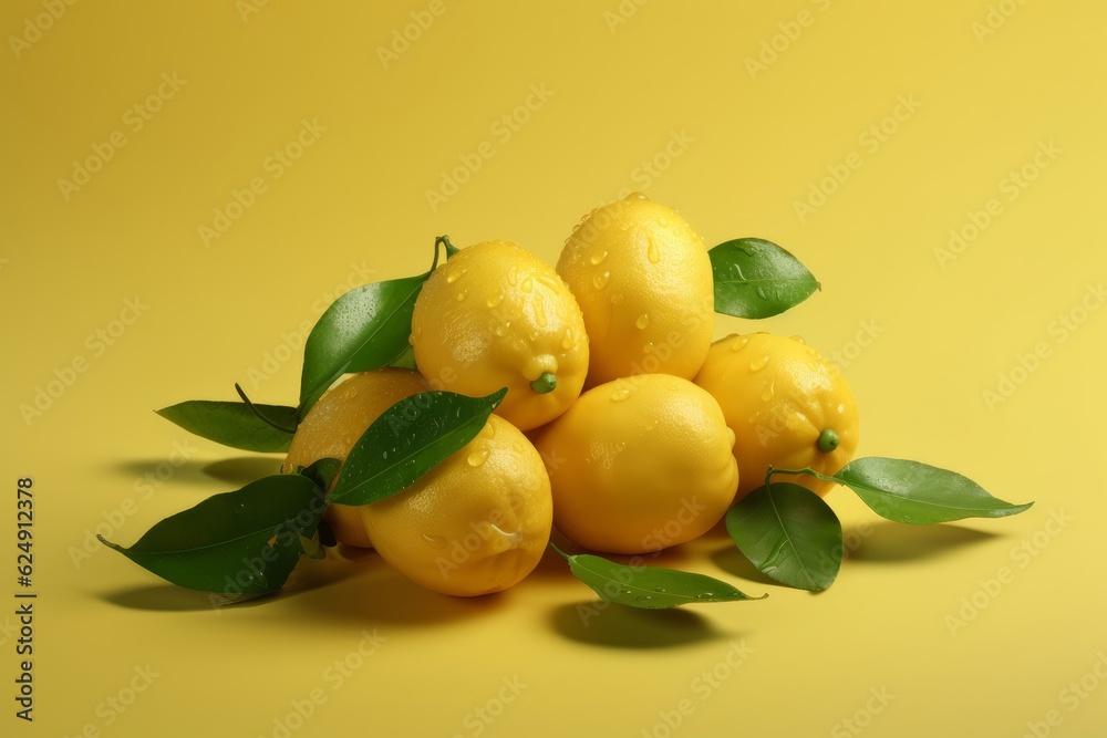 several lemons on a branch lie in a slide on a yellow background