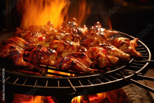 chicken pieces sizzling on a makeshift grill over open flames, created with generative ai