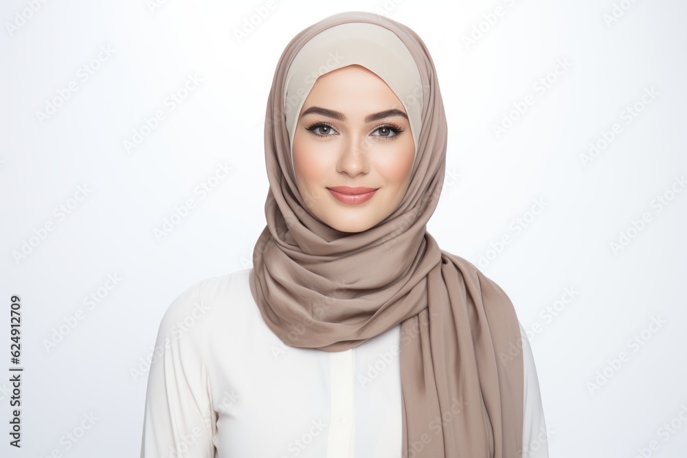 a closeup photo portrait of a beautiful young arab muslim model woman wearing hijab headscarf and smiling. used for a ad. isolated on white background. Generative AI a closeup photo portrait of a beautiful young arab muslim model woman wearing hijab headscarf and smiling. used for a ad. isolated on white background. Generative AI