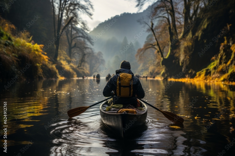 Photo of a person enjoying a peaceful canoe ride along a scenic river .generative ai