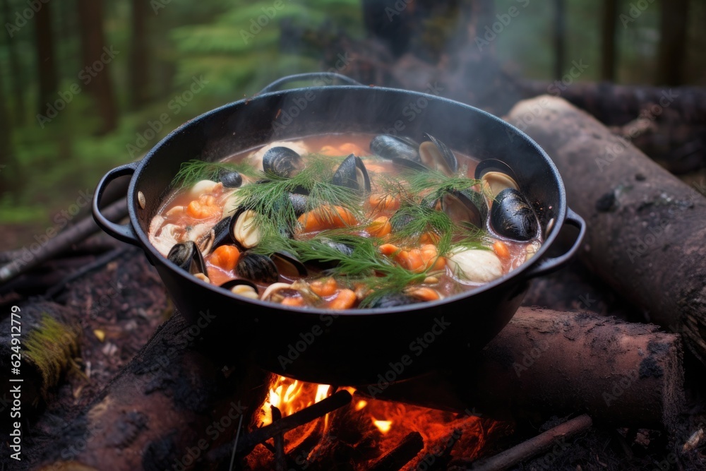 ladling campfire cioppino into a bowl with steam, created with generative ai ladling campfire cioppino into a bowl with steam, created with generative ai