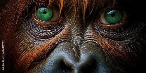 AI Generated. AI Generative. Orangutan monkey face portrait eyes watching on you. Mammal animal background view