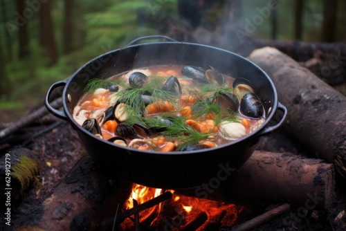ladling campfire cioppino into a bowl with steam, created with generative ai