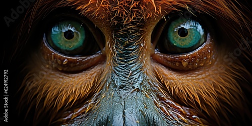 AI Generated. AI Generative. Orangutan monkey face portrait eyes watching on you. Mammal animal background view