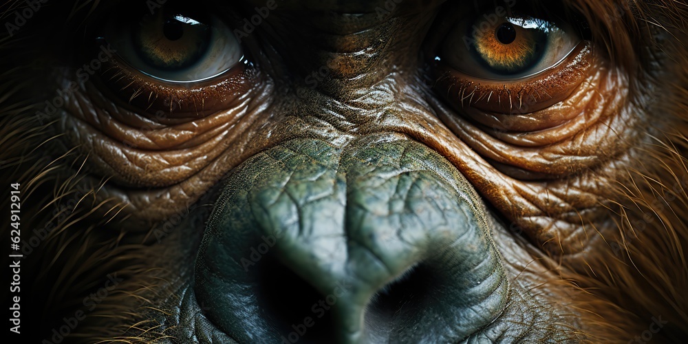 AI Generated. AI Generative. Orangutan monkey face portrain eyes watching on you. Mammal animal background view. Graphic Art AI Generated. AI Generative. Orangutan monkey face portrain eyes watching on you. Mammal animal background view. Graphic Art