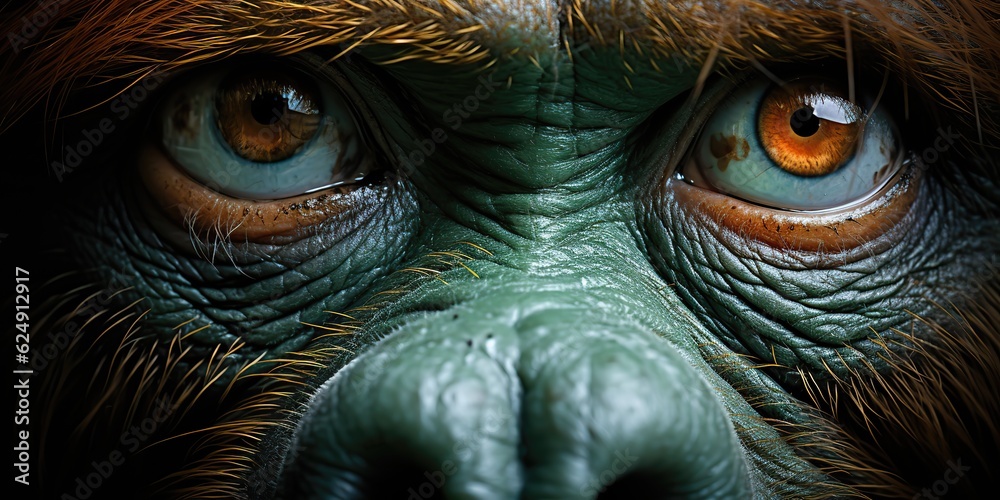 AI Generated. AI Generative. Orangutan monkey face portrain eyes watching on you. Mammal animal background view. Graphic Art AI Generated. AI Generative. Orangutan monkey face portrain eyes watching on you. Mammal animal background view. Graphic Art