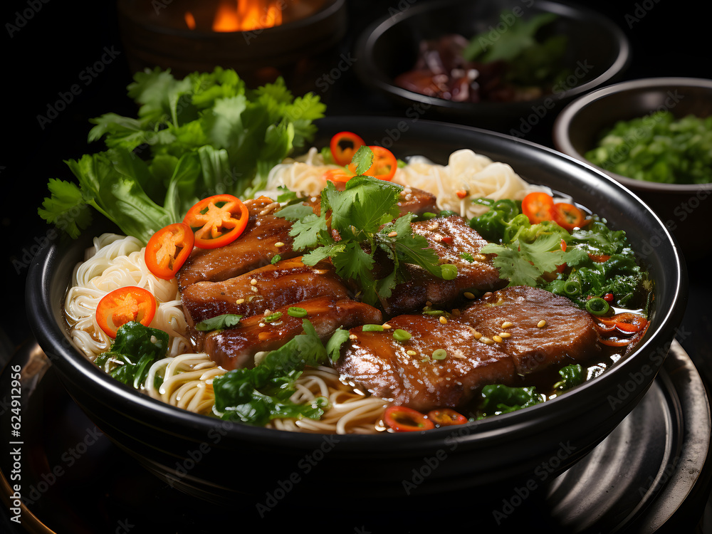 Pho Noodles Menu. Vietnamese noodle bowl with beef, Top view pho