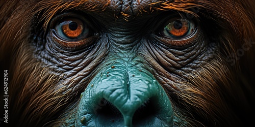 AI Generated. AI Generative. Orangutan monkey face portrain eyes watching on you. Mammal animal background view. Graphic Art © AkimD
