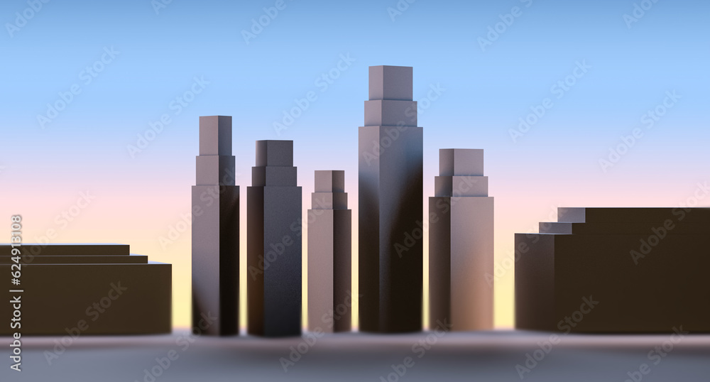 Forms of city buildings at dawn-sunset abstract minimalism. City houses, skyscraper, office, building. 3D render