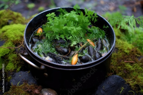 campfire cooking with mussels and herbs in a pot, created with generative ai