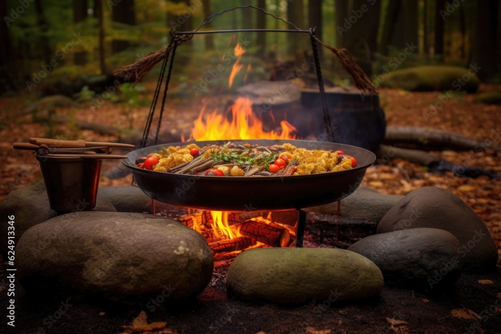 paella pan nestled among burning campfire logs, created with generative ai paella pan nestled among burning campfire logs, created with generative ai