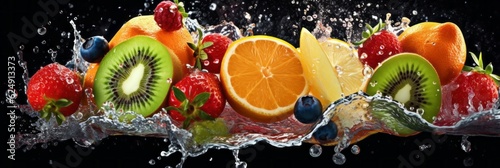 Photo of a colorful assortment of fruits floating in water .generative ai