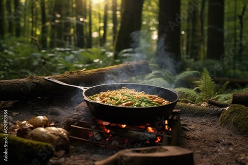 cooking rice in a cast iron pan over a campfire, surrounded by forest, created with generative ai