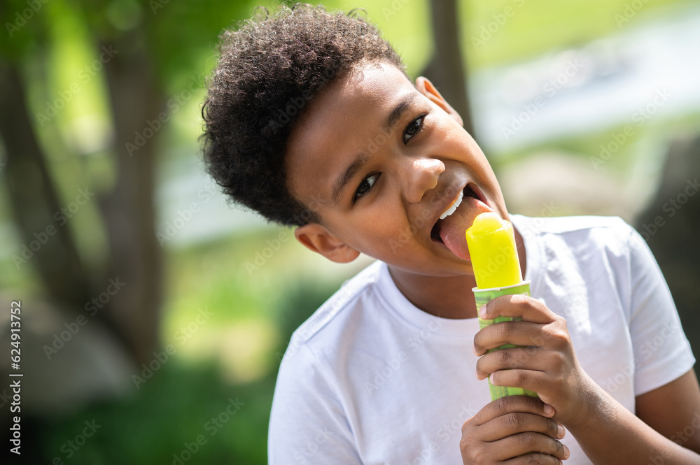 Little boy eating ice cream in park on hot summer day, enjoying sweet dessert during summer holidays. Little boy eating ice cream in park on hot summer day, enjoying sweet dessert during summer holidays.