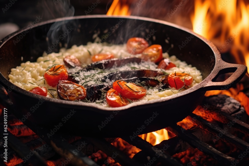 glowing embers under cast iron pan with risotto, created with generative ai glowing embers under cast iron pan with risotto, created with generative ai
