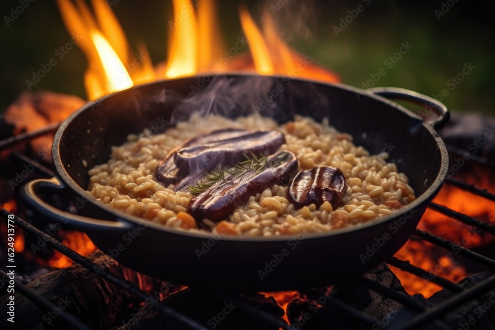 cooked risotto in pan, with campfire embers in background, created with generative ai