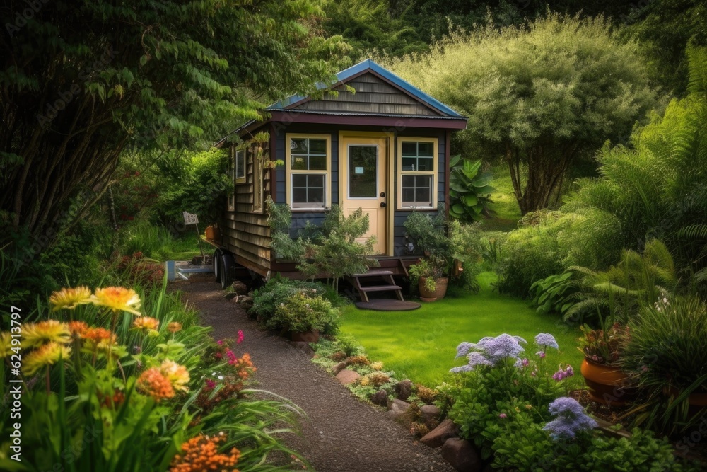 tiny home nestled amongst lush greenery and blooming flowers, created with generative ai tiny home nestled amongst lush greenery and blooming flowers, created with generative ai