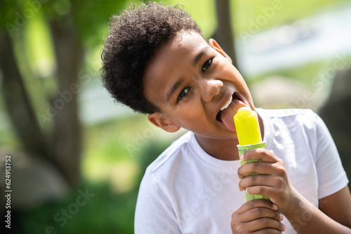 Little boy eating ice cream in park on hot summer day  enjoying sweet dessert during summer holidays.