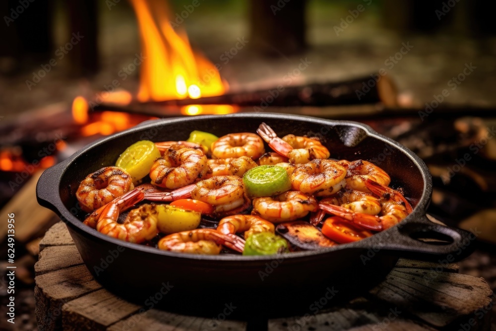 sizzling shrimp on a cast iron pan over campfire, created with generative ai sizzling shrimp on a cast iron pan over campfire, created with generative ai