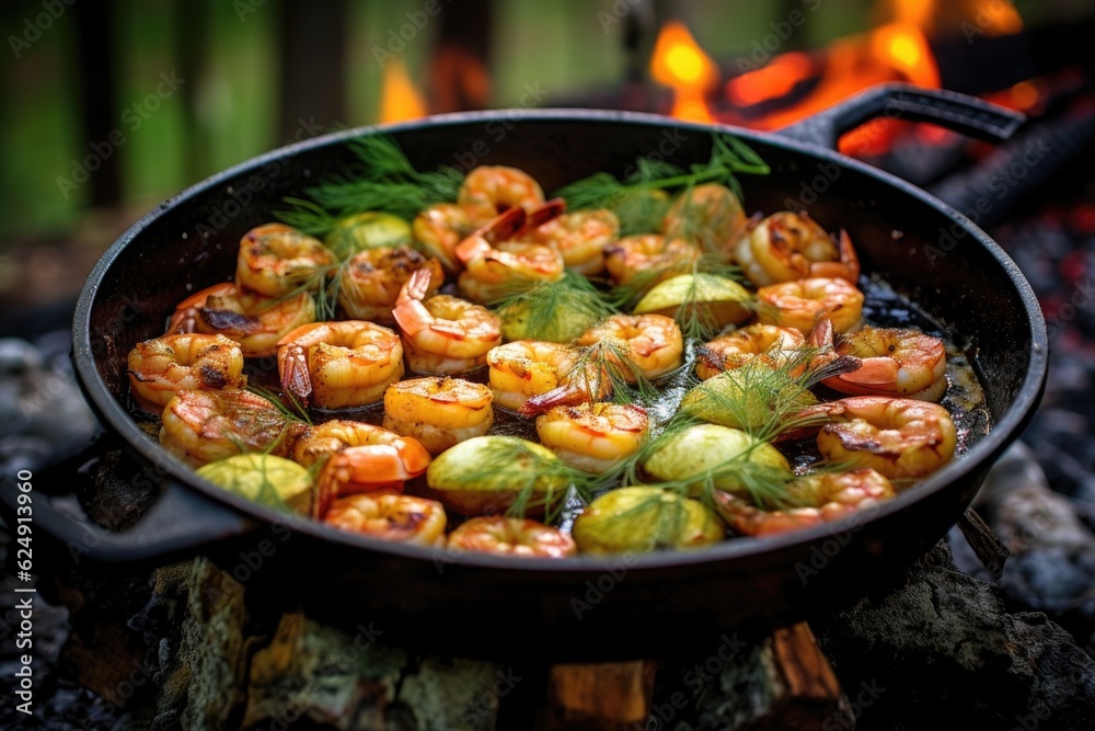 marinated shrimp ready for grilling at campsite, created with generative ai marinated shrimp ready for grilling at campsite, created with generative ai