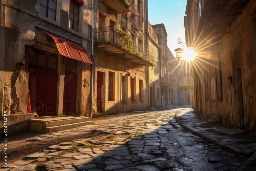 sunlight peeking through old buildings onto cobblestone street, created with generative ai