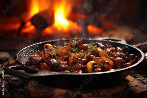 sizzling mushrooms in a cast iron pan on fire, created with generative ai