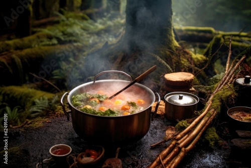 campfire with steaming pot of vegetable soup, created with generative ai