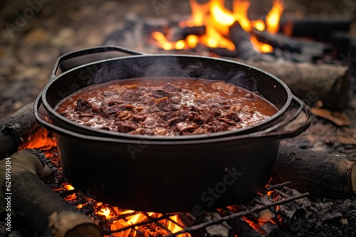 Fotografiet venison chili simmering in a dutch oven over fire, created with generative ai