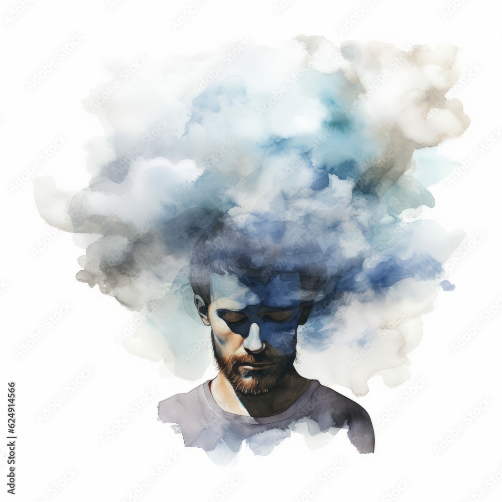 Man Looking Down, Face Shadowed, Head in Fog or Dark Cloud, Sad or Exhausted Expression, Symbolizing Depression, Grief, Intrusive Thoughts or Other Mental Health Struggle